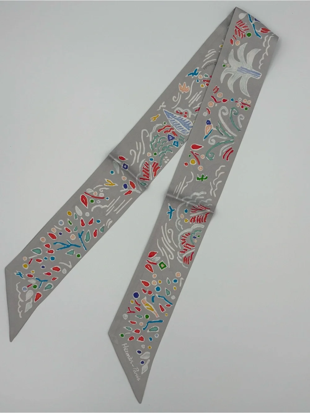 Hermes Isola Di Primavera Twilly Scarf Gris Perle Grenadine Multicolor - Picture 1 of 6